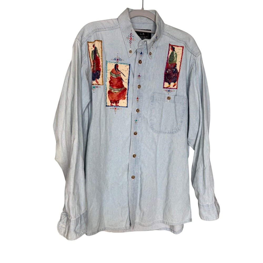 L.A. Artwear aztec native american art deco wearable art denim button up top